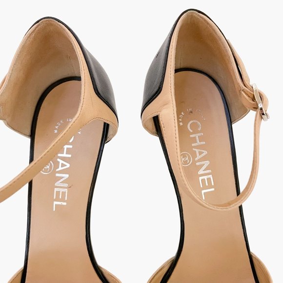Chanel Two Tone CC Sandals EU 39.5 US 8.5-9 Beige Black Peep Toe High Heels - Picture 4 of 13